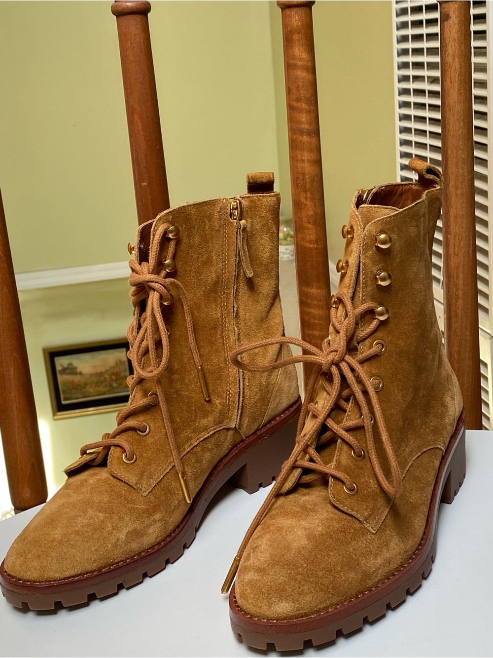 Tory Burch Chestnut Suede Lace-Up Lug Boots